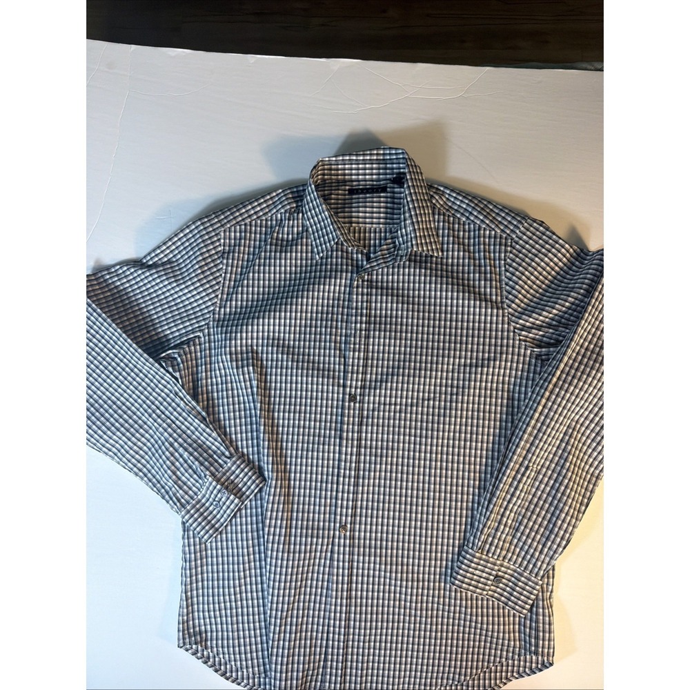 Theory Mens XL Blue Check Plaid Button Front Dress Shirt Long Sleeve Cotton
